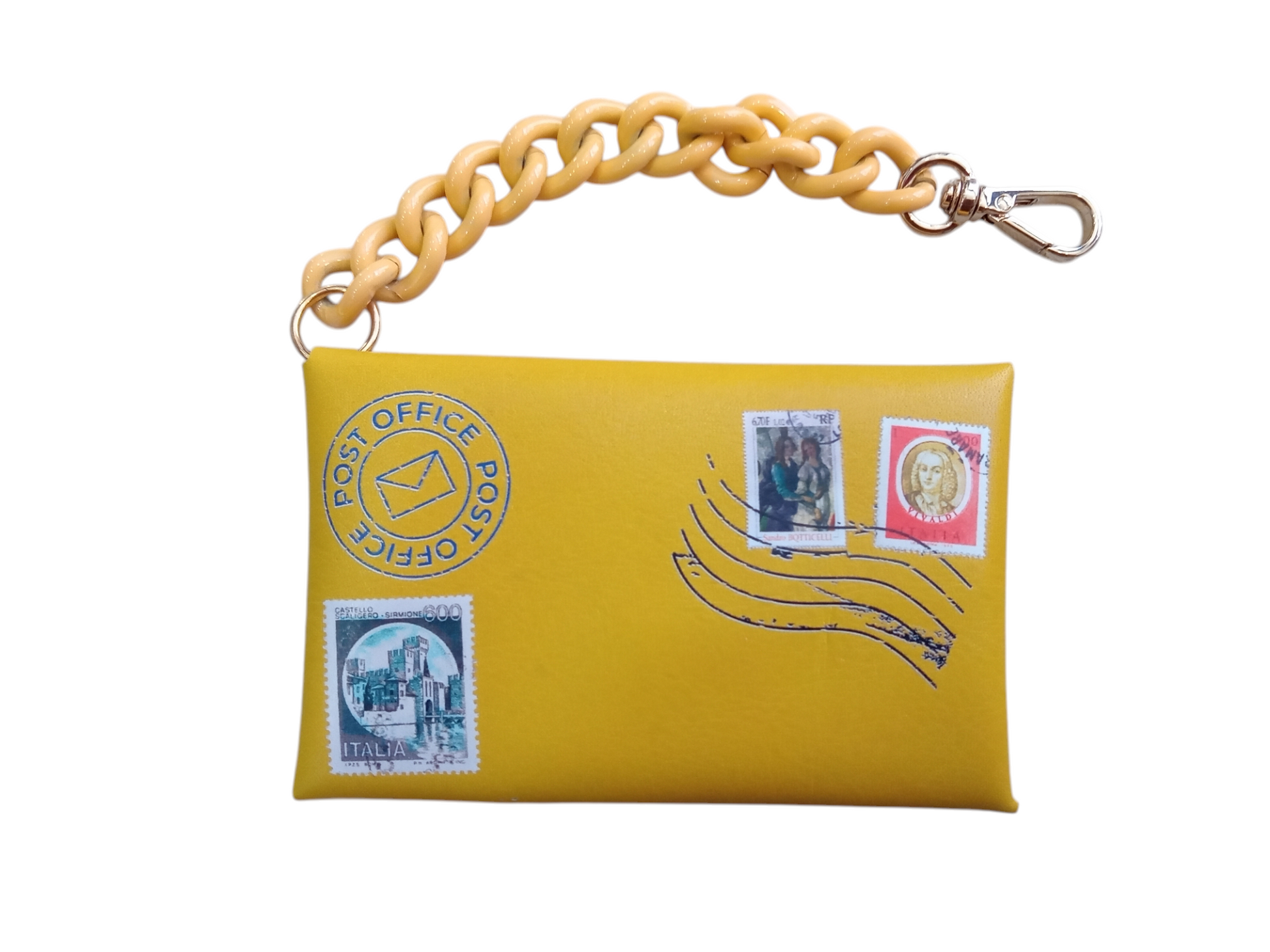 Yellow pouch with postage stamp designs and a chain strap on a white background